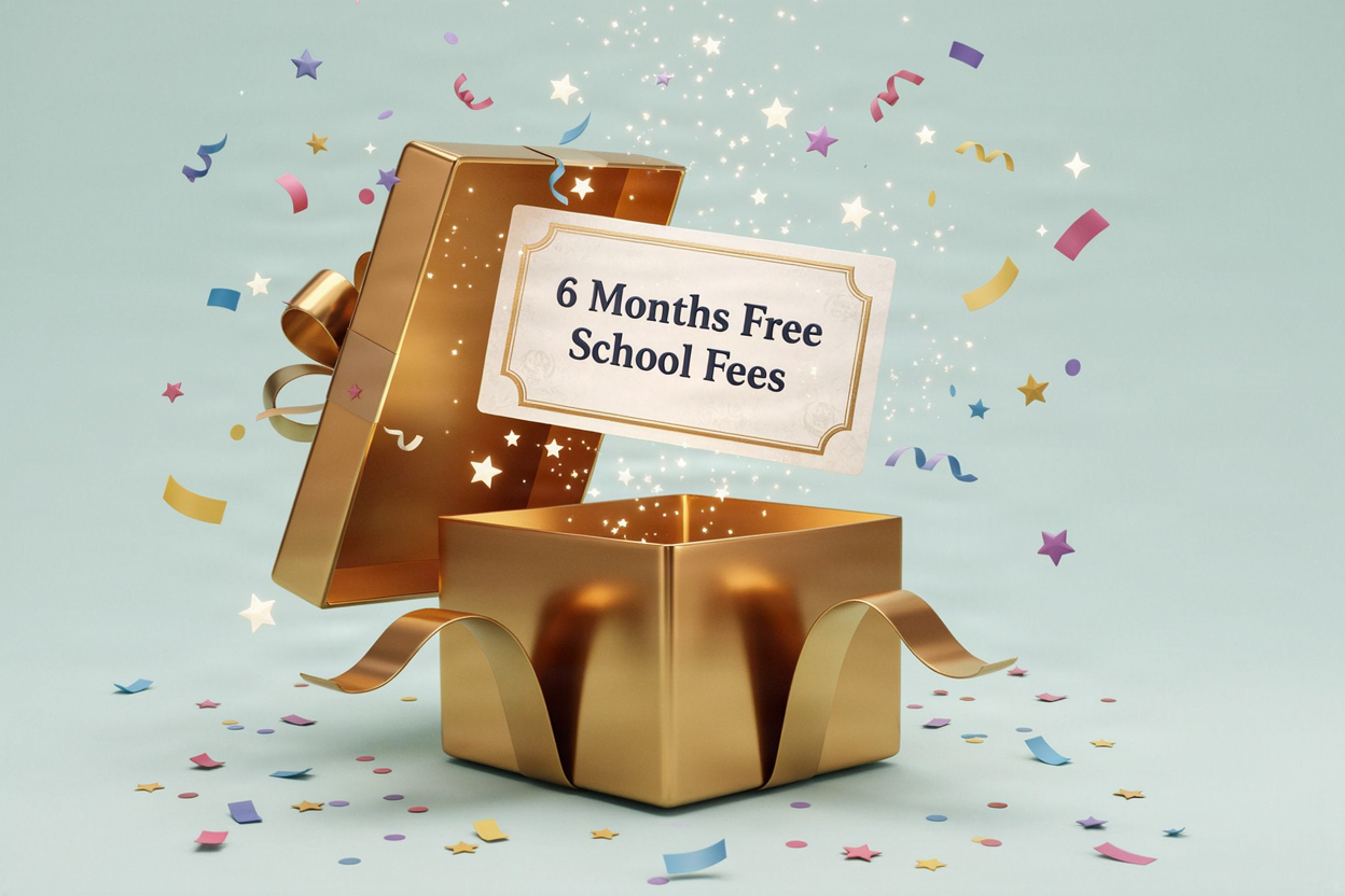 A vibrant 3D illustration of a golden gift box opening to reveal a glowing certificate that says '6 Months Free School Fees' with confetti and stars.